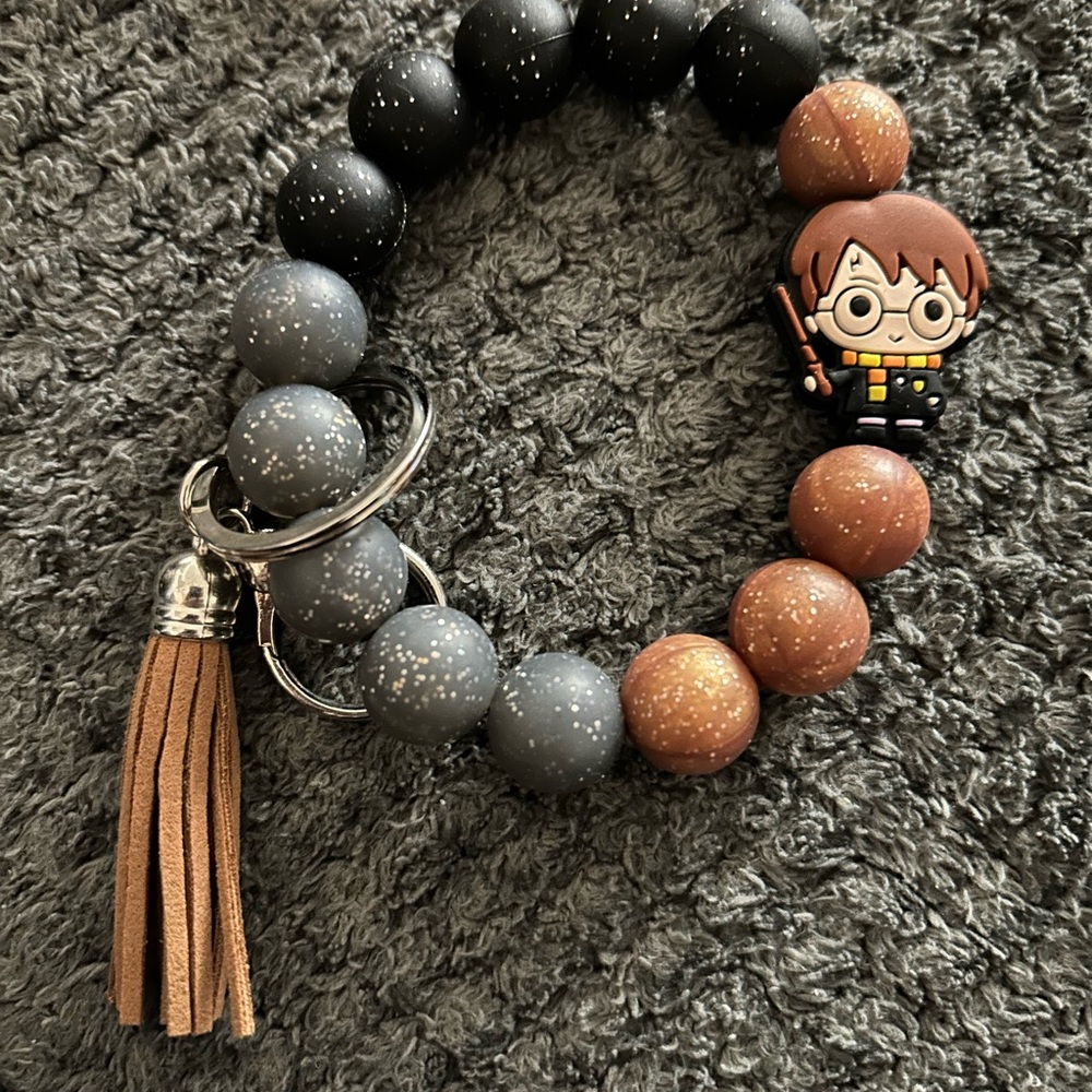 Harry Potter Beaded Keychain Wristlet with Brown Tassel and Character Charm